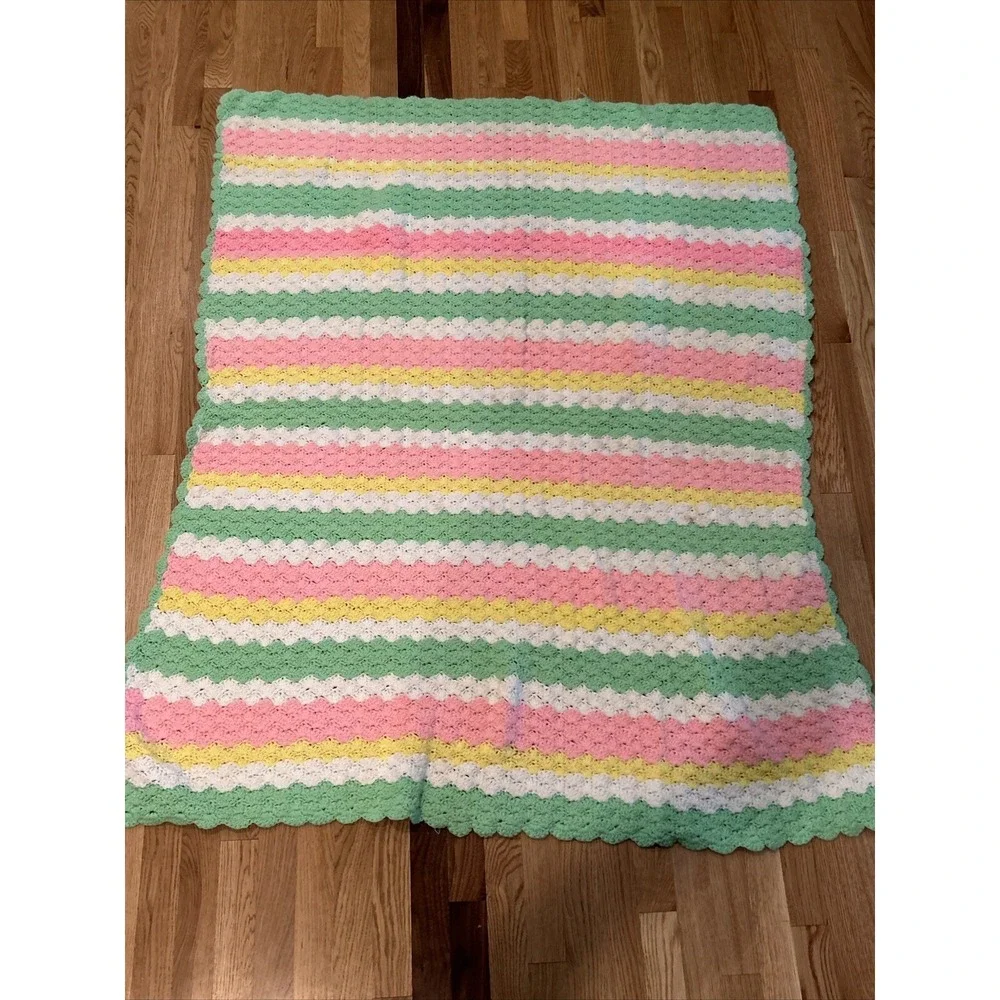 Crochet Handmade Baby Blanket Afghan Pastel Color Stripes 47
